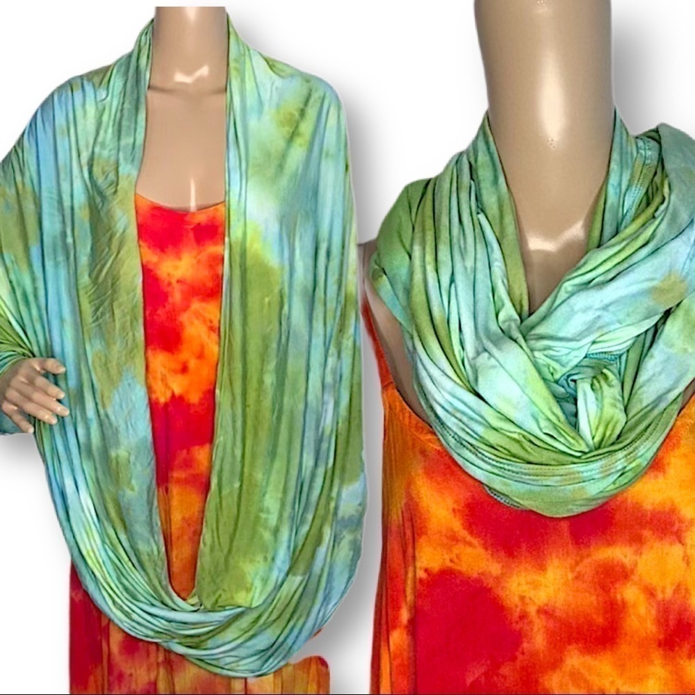 Tie dyed infinity wrap scarf shawl green galaxy marbled handmade artisan